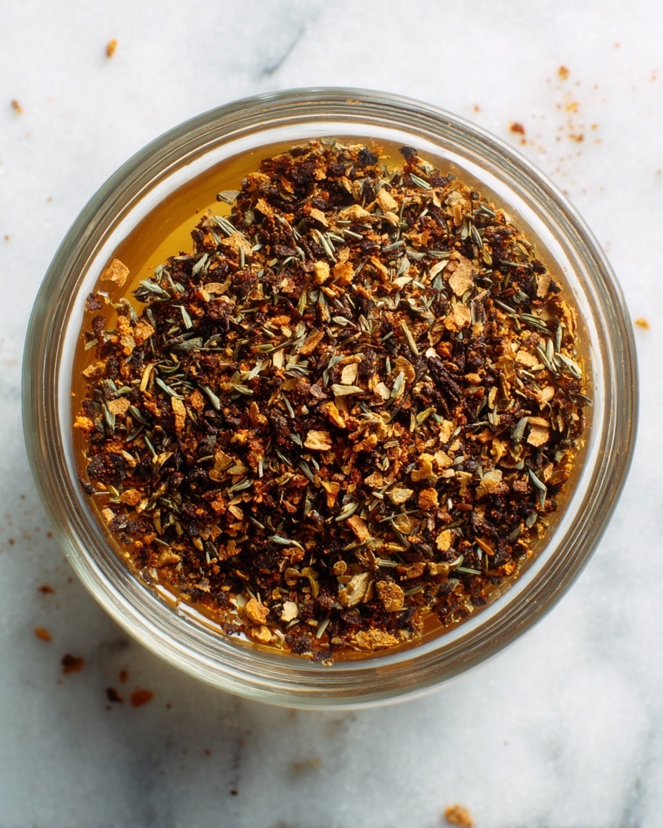 A close-up top view of a clear glass bowl filled with a mix of dark brown and light brown dried herbs and spices floating in a light amber liquid. The mixture has a rough and uneven texture with small flakes and crumbs scattered throughout. The bowl rests on a white marbled surface with some droplets and bits of the spice mix around its edges. Photo taken with an iphone --ar 4:5 --v 7