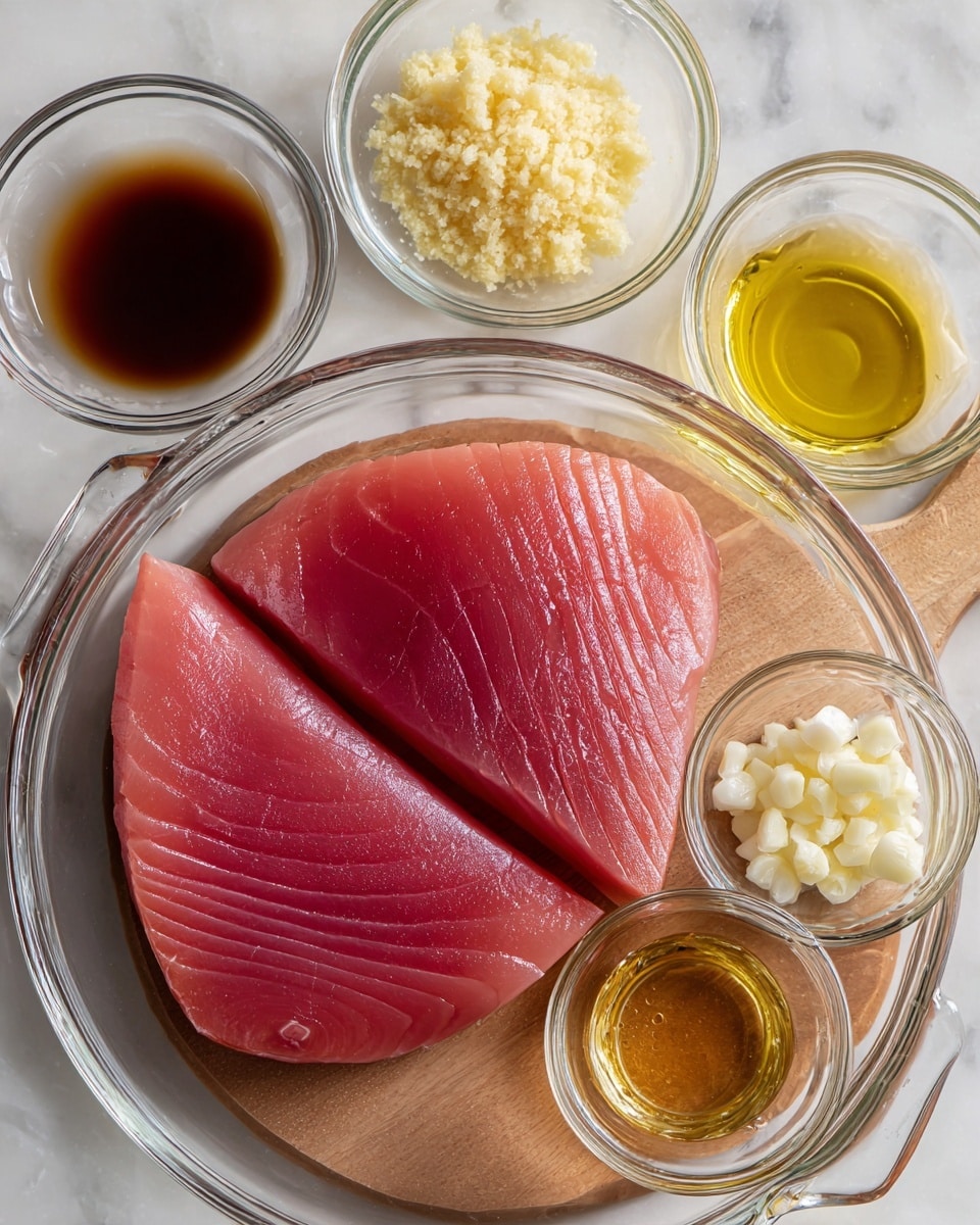 Two raw pink tuna steaks with smooth and slightly shiny texture are placed side by side inside a clear glass round dish with handles on both sides, all set on a white marbled surface. Below the dish is a light brown wooden board holding five small clear glass bowls. From left to right, the first bowl contains a dark brown liquid, the second has finely grated pale yellow ginger, the third holds a translucent golden liquid, the fourth has a light amber liquid, and the fifth contains chopped white garlic. Photo taken with an iphone --ar 4:5 --v 7