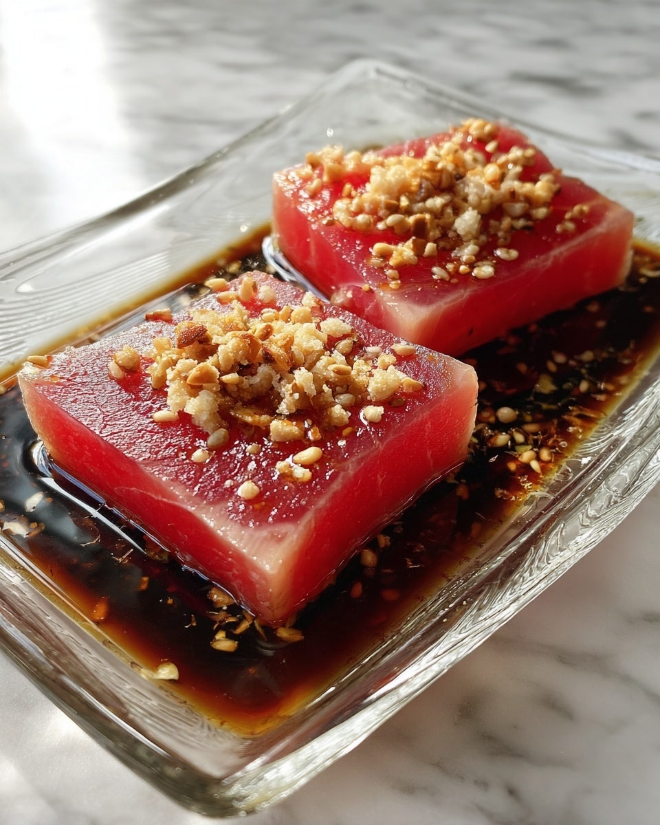 Two thick slices of pink raw tuna are placed on a clear glass plate, each slice topped with a small pile of finely chopped light brown garlic and seeds mix. Dark brown soy sauce is pooled underneath and around the slices, spreading unevenly on the plate. The plate rests on a white marbled surface. photo taken with an iphone --ar 4:5 --v 7