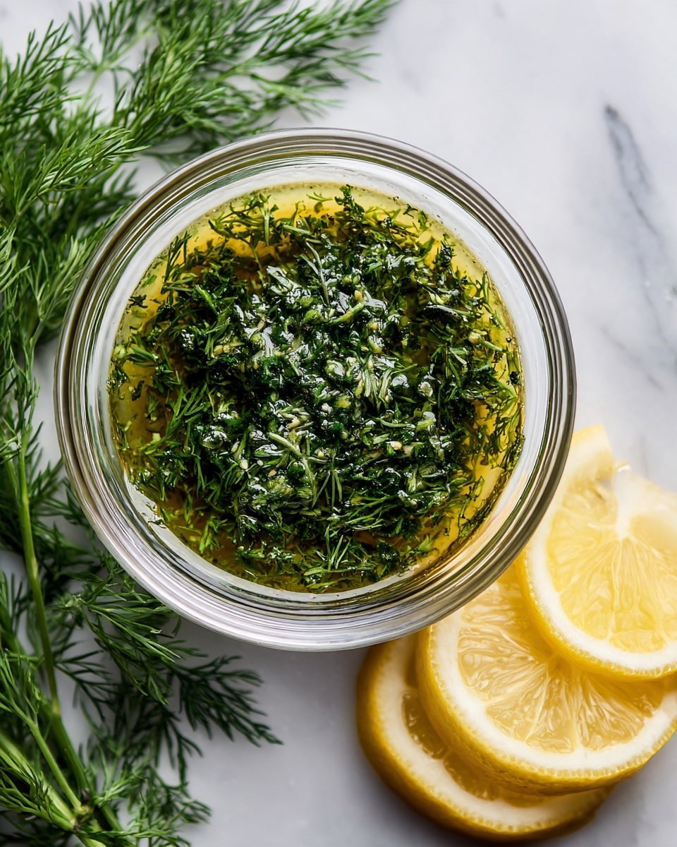 A clear round glass bowl filled with a greenish herb sauce that has fine dark green herb bits spread throughout, placed on a white marbled surface. To the right, there are three lemon slices stacked slightly on top of each other, showing a light yellow color and juicy texture. In the upper left corner, fresh bright green dill leaves spread out, adding texture and color contrast to the scene. Photo taken with an iphone --ar 4:5 --v 7