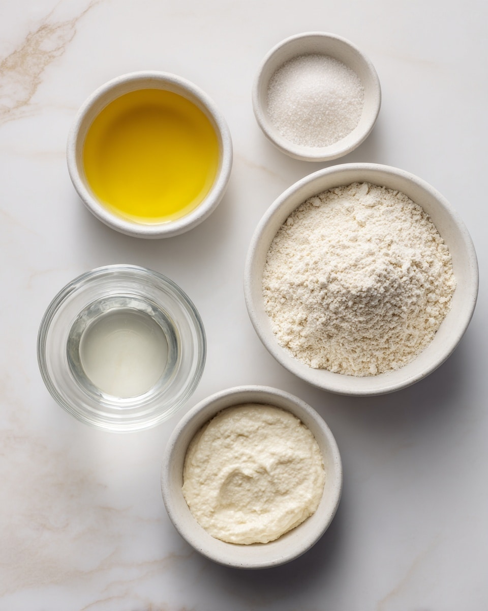 The image shows five small white bowls arranged on a white marbled surface. The largest bowl on the right is filled with a light, powdery white flour. Above it, a smaller bowl contains a fine, grainy white powder, likely salt. To the left of these, another small bowl holds a bright golden-yellow liquid, which looks like oil. Below the oil, a clear glass bowl contains a creamy, white, slightly textured mixture. At the bottom left, a small white cup is filled with a clear liquid, possibly water. All bowls are neatly spaced and the image is taken from above. photo taken with an iphone --ar 4:5 --v 7