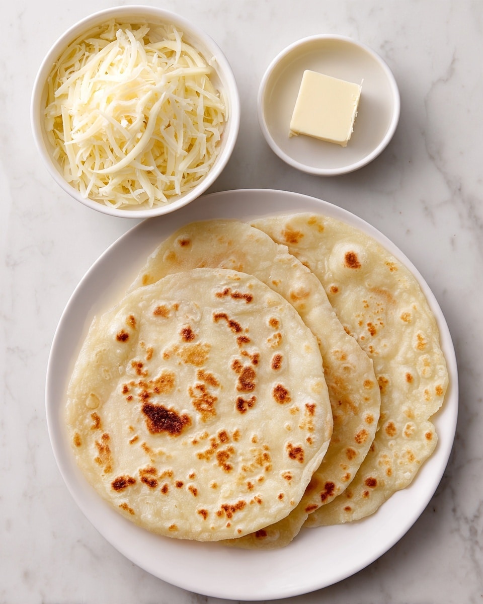 Two round, thin flatbreads with a light golden color and small bubbles are stacked on a white plate, positioned at the bottom left. Above them, slightly to the right, is a small white bowl filled with shredded pale yellow cheese. Next to this bowl, to the right, is a smaller white bowl holding a small square piece of butter. All items are placed on a white marbled surface. Photo taken with an iphone --ar 4:5 --v 7
