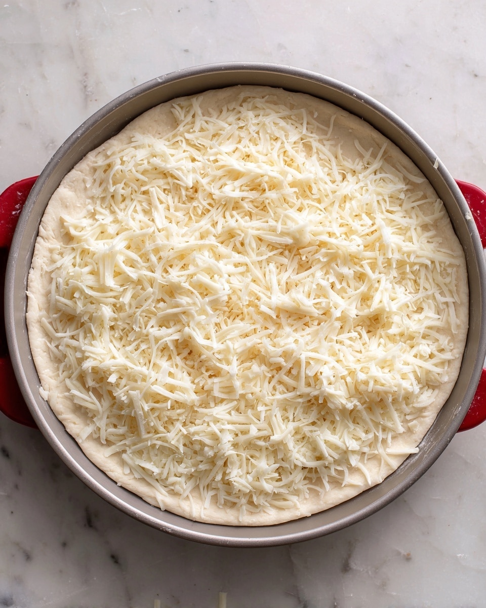 A gray pan filled with one layer of white shredded cheese spread evenly on top of a thin, pale dough base that covers the pan bottom. The cheese strands vary in size and are loosely scattered, giving a textured look over the smooth dough. The pan is placed on a white marbled surface, showing red handles peeking from the sides. photo taken with an iphone --ar 4:5 --v 7
