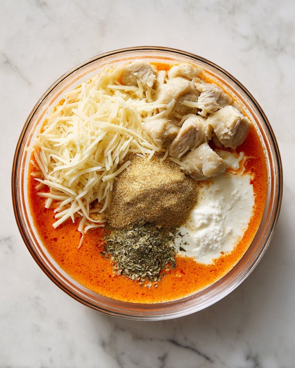 In a clear glass bowl on a white marbled surface, there are five main layers of ingredients visible. At the bottom and spreading around, there is a bright orange sauce with a smooth texture. On top of the sauce and slightly to one side, there is a pile of fine light brown seasoning powder with green specks. Next to the seasoning is a white, creamy layer of sour cream, thick and smooth. Above the sauce but next to the seasoning powder, shredded cooked chicken pieces with a pale beige color and rough texture are placed. The top left section of the bowl is filled with finely shredded light yellow cheese, soft and fluffy in appearance. Photo taken with an iphone --ar 4:5 --v 7