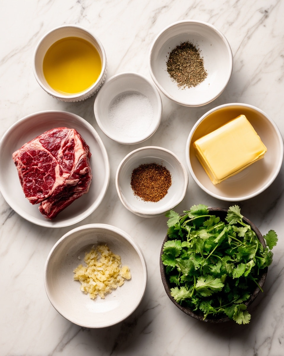 The image shows six white bowls on a white marbled surface, each holding different ingredients. One bowl contains a piece of raw red meat with visible marbling. Another bowl has a rich yellow softened butter, and next to it is a bowl with a clear liquid that looks like water. There's a bowl with a coarse mixture of brown spices and salt, a bowl holding finely minced yellow garlic in a small amount of white liquid, and the last bowl has fresh green cilantro leaves. Photo taken with an iphone --ar 4:5 --v 7