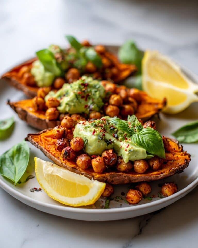 Baked Sweet Potatoes with Crispy Chickpeas and Broccoli Pesto Recipe