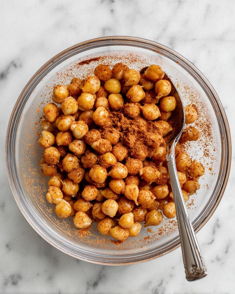 A clear glass bowl filled with one layer of golden chickpeas covered evenly with a brownish-red spice powder, giving them a slightly dusty texture, with a silver spoon resting inside the bowl. The bowl sits on a white marbled surface. photo taken with an iphone --ar 4:5 --v 7