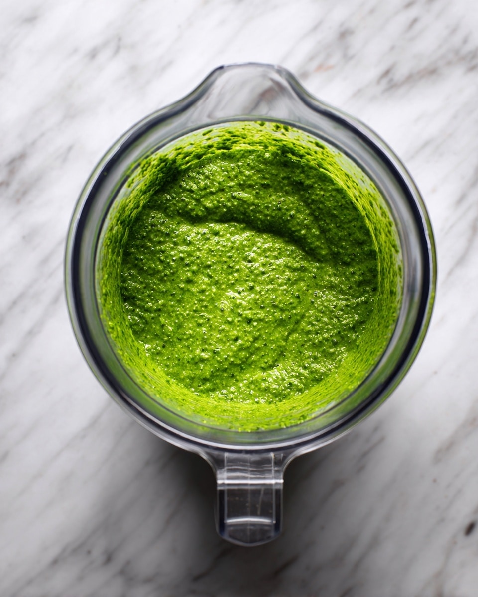 A top-down view of a clear blender jar filled with one smooth, bright green layer of thick pesto sauce with a slightly grainy texture. The blender is placed on a white marbled surface. The photo taken with an iphone --ar 4:5 --v 7