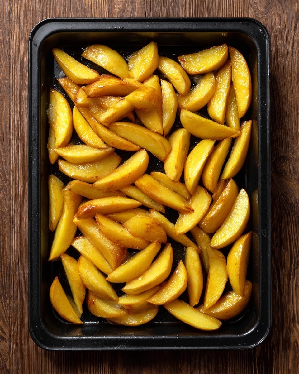 A black baking tray holds about three dozen golden-yellow potato wedges, coated with a layer of oil that gives a shiny texture. The wedges are spread out evenly, showing their smooth skin side and soft inner flesh side. The tray is set on a wooden surface. photo taken with an iphone --ar 4:5 --v 7
