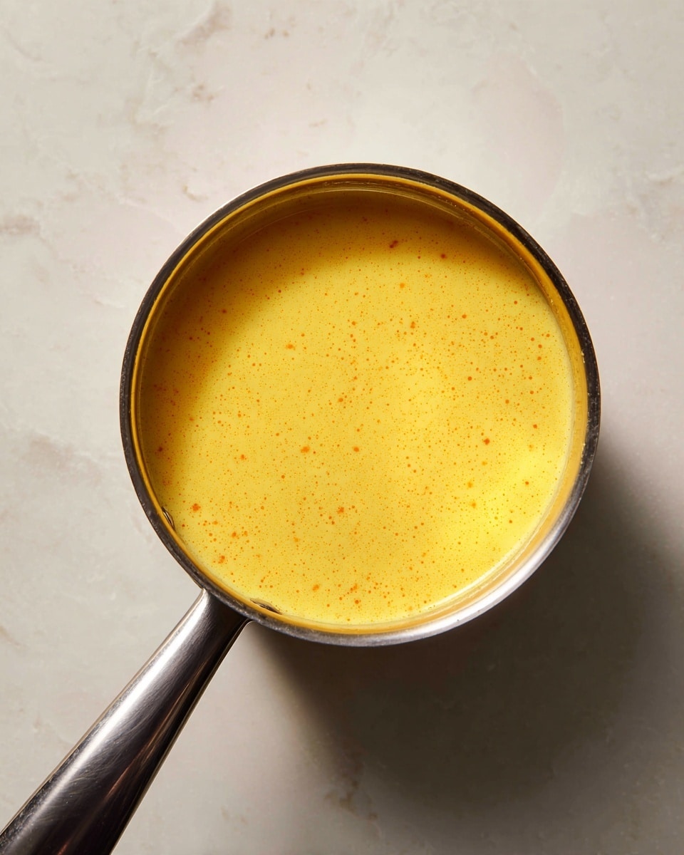 A metal saucepan filled with a smooth, creamy yellow-orange sauce that has a few small orange specks and a slightly glossy surface, sitting on a white marbled textured surface, shown from above with the saucepan handle extending out to the left side of the image photo taken with an iphone --ar 4:5 --v 7