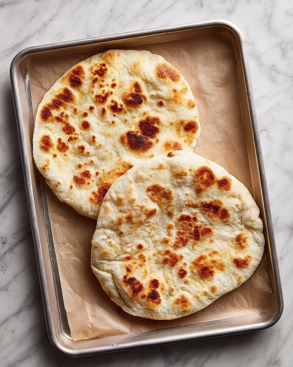 Two round flatbreads lie side by side on a baking sheet lined with parchment paper. Each flatbread is pale with light golden-brown spots and slightly puffed textures showing bubbles and uneven surfaces. One has a corner folded slightly upward, revealing a soft and fluffy interior, while the other is mostly flat with similar puff marks. The baking sheet has a metallic finish, and the background is a white marbled texture. photo taken with an iphone --ar 4:5 --v 7