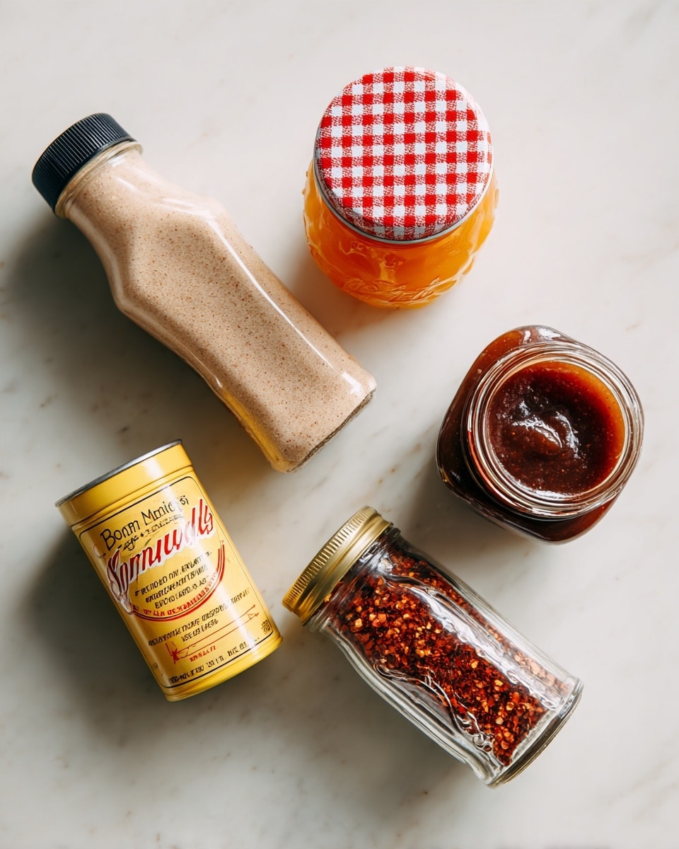The image shows five spice and condiment containers placed on a white marbled surface. From left to right, there is a plastic bottle of prepared horseradish with a beige paste inside and a black cap; a glass jar of Bonne Maman peach preserves with orange jam and a red-and-white checkered lid; a glass jar of Smucker's apple butter with dark brown spread and a brown lid; a small yellow metal tin of Colman's mustard with red writing; and a clear spice jar filled with red chili flakes with a black cap lying at an angle. The items are spaced apart and arranged naturally. photo taken with an iphone --ar 4:5 --v 7