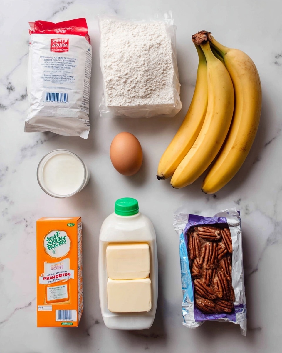 A flat lay of baking ingredients arranged on a white marbled surface, including a white and red bag of all-purpose flour at the top left, a white and yellow bag of granulated sugar at the top right, two ripe bananas with brown spots placed side by side below the sugar, a small white container of baking powder in the middle, one brown egg below the bananas, a white carton of buttermilk with a green cap to the left, an orange box of baking soda below the buttermilk, two sticks of butter wrapped in white and blue paper stacked at the right center, and a white and purple bag of pecan halves at the bottom right. photo taken with an iphone --ar 4:5 --v 7