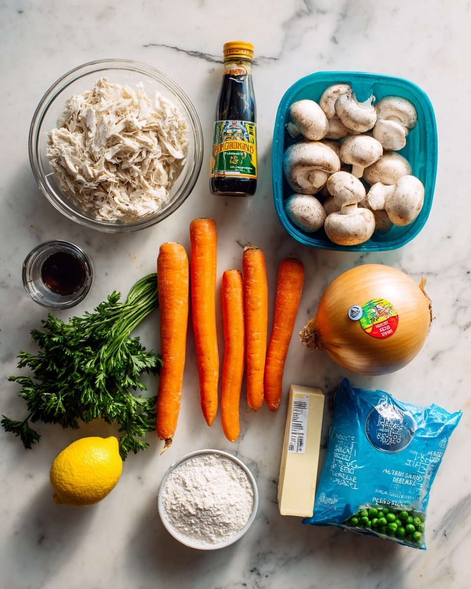 The image shows fresh cooking ingredients laid out on a white marbled surface, including four bright orange carrots positioned in a row, a large yellow onion with a sticker on it to the right of the carrots, and a blue plastic container filled with whole mushrooms sitting above the onion. To the top left is a clear glass bowl filled with light beige shredded chicken. Nearby, a green bottle of soy sauce and a black tube of tomato paste rest next to a bunch of fresh green parsley and a whole bright yellow lemon in the bottom center. To the right of the lemon, there is a small stick of butter and a clear bowl filled with white flour. A blue bag of frozen green peas lies next to a white bottle with a red label and cap, likely containing milk or cream. The colors are natural and earthy, and all items are neatly arranged, creating a fresh and simple cooking scene. Photo taken with an iphone --ar 4:5 --v 7