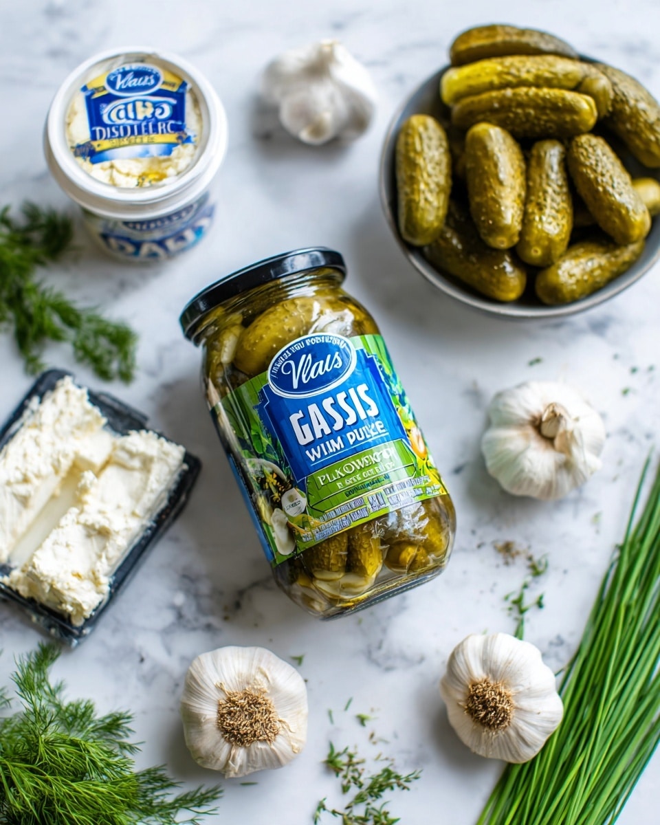 The image shows a jar of Vlasic Kosher Dill Whole pickles with its bright blue and green label taking center stage, surrounded by a silver block of Philadelphia cream cheese, a small white container of Daisy sour cream with blue and red text, a bottle of ground California garlic with a black lid, and fresh green herbs, including chives and dill, spread around on a white marbled surface. photo taken with an iphone --ar 4:5 --v 7