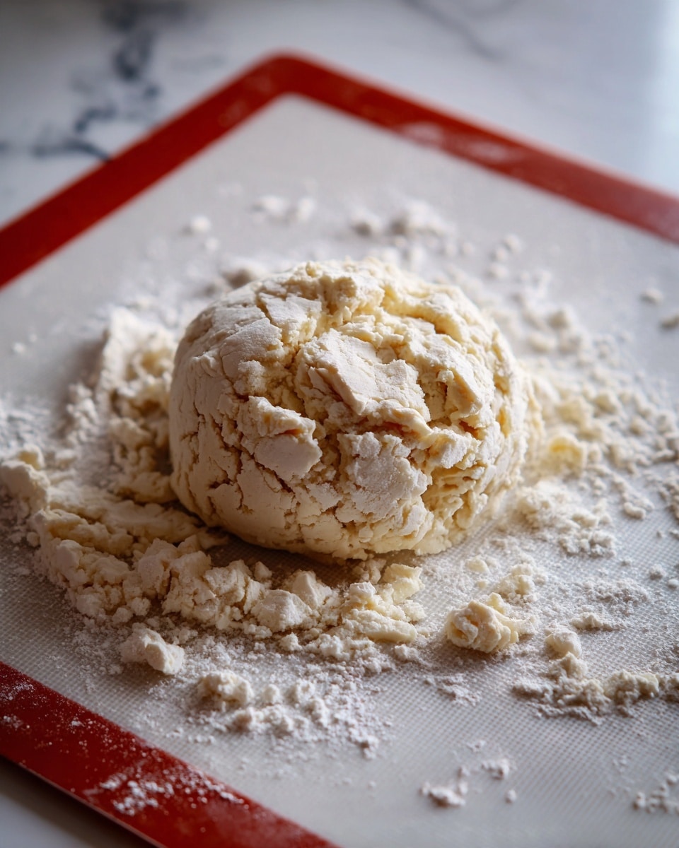 A pale, crumbly dough ball sits on a white baking mat with a red border, placed over a white marbled surface. The dough has a rough, uneven texture with small cracks and loose pieces around it. The surface beneath the dough has light flour dusting spread unevenly, adding a powdery detail to the scene. Photo taken with an iphone --ar 4:5 --v 7