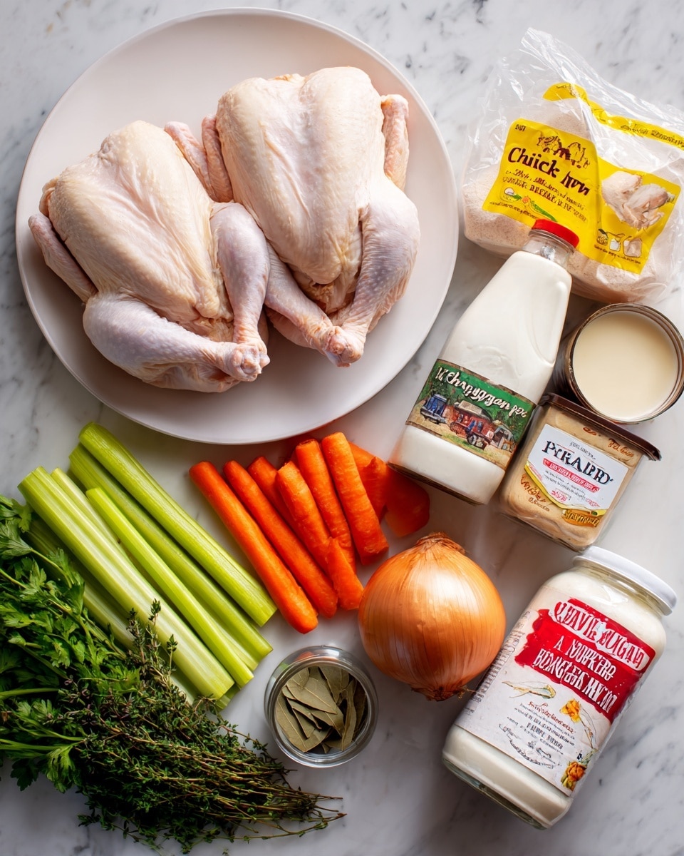 The image shows several cooking ingredients arranged on a white marbled surface. On the left, a white plate holds two whole raw chickens with pale pinkish skin. Next to the plate are two bags of fresh vegetables—one with light green celery stalks and another with bright orange carrots. In the center lies a large brown onion with a shiny skin and a bunch of fresh green herbs including parsley and thyme placed below it. Nearby are small containers: a clear jar of bay leaves with a black lid, a white container of Clabber Girl baking powder with red and black text, and a stick of butter wrapped in paper. On the right side, a brown jar of chicken bone broth with a yellow label, a white bottle of whole milk with a red and white label, a white and red bag of all-purpose flour, and a bottle of white wine with a beige label are visible. Photo taken with an iphone --ar 4:5 --v 7