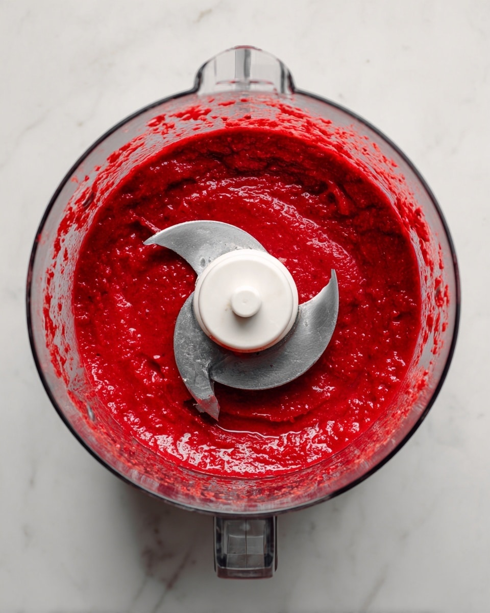 A clear plastic food processor bowl filled with a smooth, bright red sauce that has tiny texture bits throughout, held in place by a white center blade piece. The mixture shows slight splashes along the sides of the bowl. The machine sits on a white marbled surface, contrasting with the vibrant red sauce inside. photo taken with an iphone --ar 4:5 --v 7