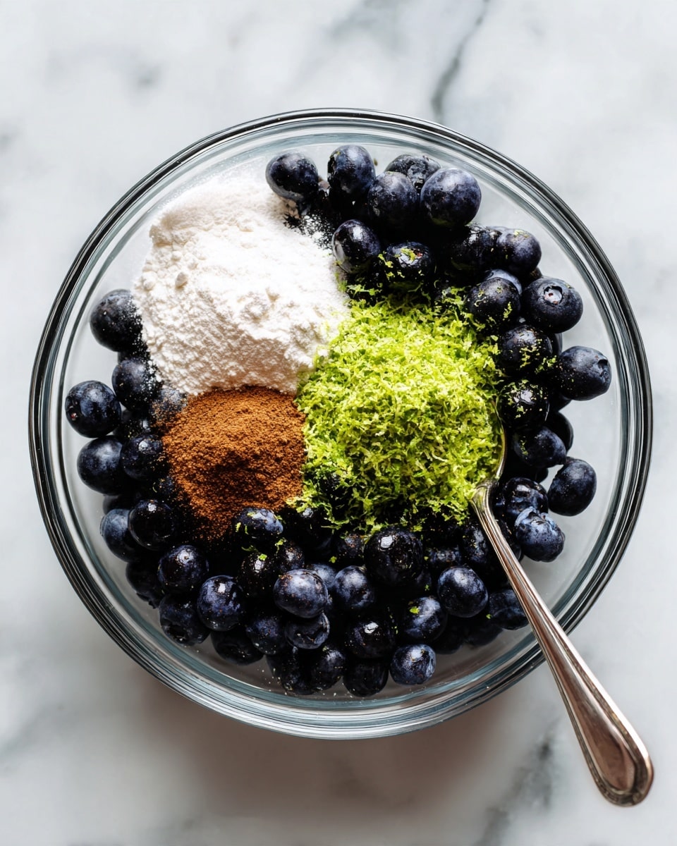A clear glass bowl sits on a white marbled surface, filled with fresh dark blue blueberries. On top of the blueberries are four separate piles: fine white flour, granulated white sugar, a small heap of brown cinnamon powder, and bright green lime zest. A silver spoon rests inside the bowl on the right side. The bowl's clear glass shows the layers of dark blueberries beneath the powders and zest. photo taken with an iphone --ar 4:5 --v 7