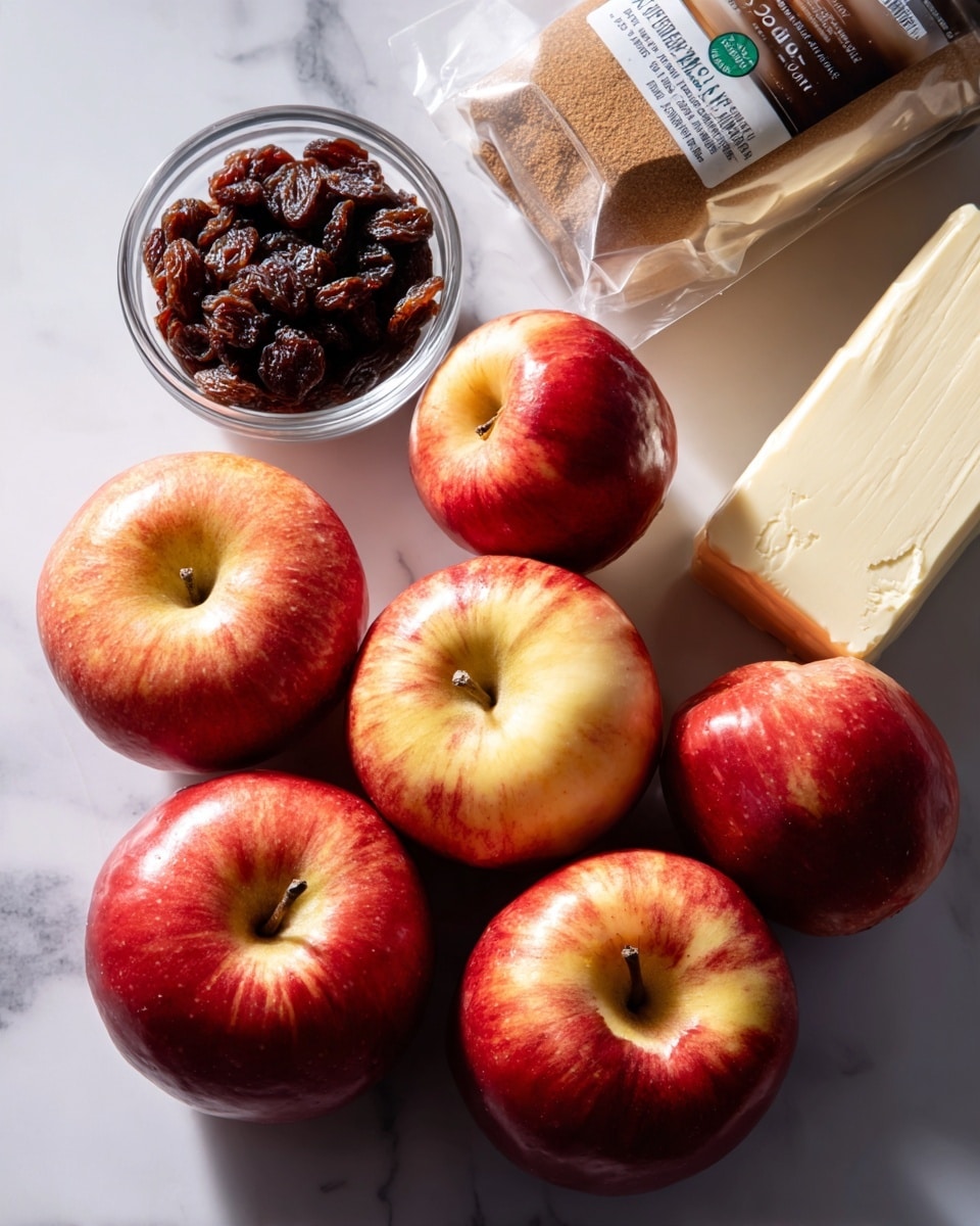 The image shows several fresh red and yellow apples with smooth skin placed on a white marbled surface. Nearby is a small clear container filled with dark, wrinkled raisins. A clear glass bottle of ground cinnamon with a blue lid is positioned next to the raisins. There is also a stick of butter wrapped in light beige paper with green and brown text. In the upper right, part of a clear plastic bag with brown sugar is visible. The scene is well-lit, with all items neatly arranged and clearly visible. photo taken with an iphone --ar 4:5 --v 7