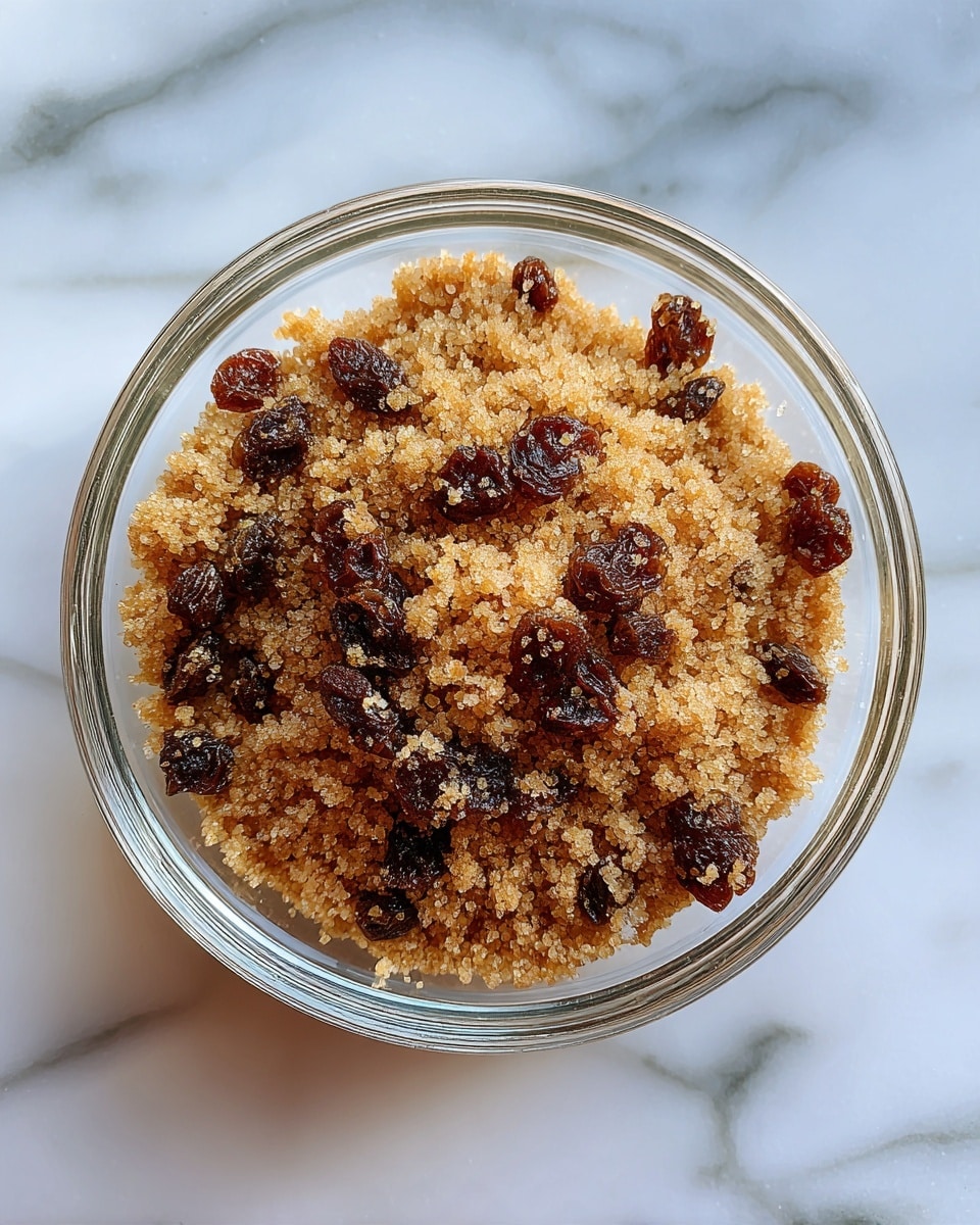 A clear glass bowl filled with a single layer of light brown sugar mixed with scattered dark brown raisins, sitting on a white marbled surface, showing a rough and grainy texture with small clusters around the raisins. photo taken with an iphone --ar 4:5 --v 7