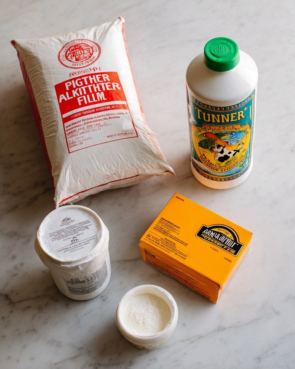 The image shows five baking items placed on a white marbled surface. On the left, there is a large white and red bag of King Arthur all-purpose flour, mostly white with red at the bottom. Next to it, towards the back right, is a white plastic container of Turner's old time buttermilk with a green cap and a colorful label showing a black and white cow. To the right of the buttermilk is a small bright orange box of Arm & Hammer baking soda. At the front center, there is a small white tub of Rumford baking powder with a lid. Near the bottom of the image, there is a stick of butter wrapped in white paper with black text, lying horizontally. photo taken with an iphone --ar 4:5 --v 7