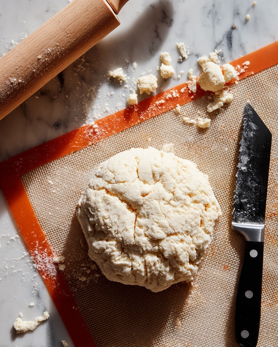 A white, crumbly dough ball is laid on a white marbled surface covered by a mesh baking mat with an orange border, segmented into three uneven parts. The dough has a rough texture with small cracks on its surface. To the left of the dough is a wooden rolling pin with some dough bits stuck on it, and to the right lies a black-handled serrated knife with some crumbs around. Photo taken with an iphone --ar 4:5 --v 7