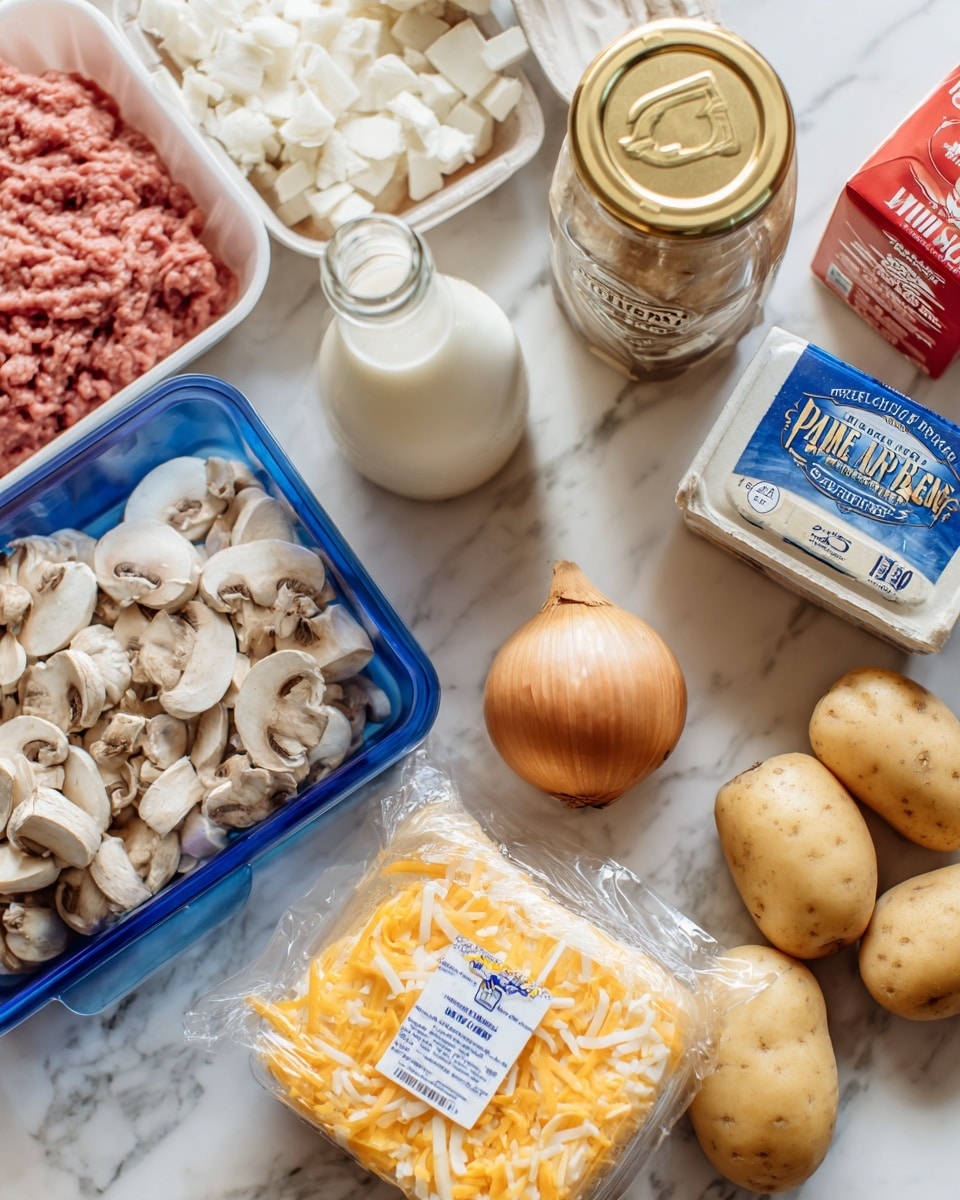 The image shows various ingredients placed on a white marbled surface: three light brown potatoes with a smooth texture are on the right, a container of Colby Jack cheese with orange and white marbled colors wrapped in clear plastic is near the bottom, and a whole yellow onion is centered in the frame. To the left, there is a blue plastic container with sliced white mushrooms, then a pink tray with raw ground meat of a light red color. In the background, there is a glass jar with a gold lid labeled bone broth, a bottle wrapped in paper labeled Worcestershire sauce, a red carton of milk, and a white tub of sour cream with blue text. photo taken with an iphone --ar 4:5 --v 7