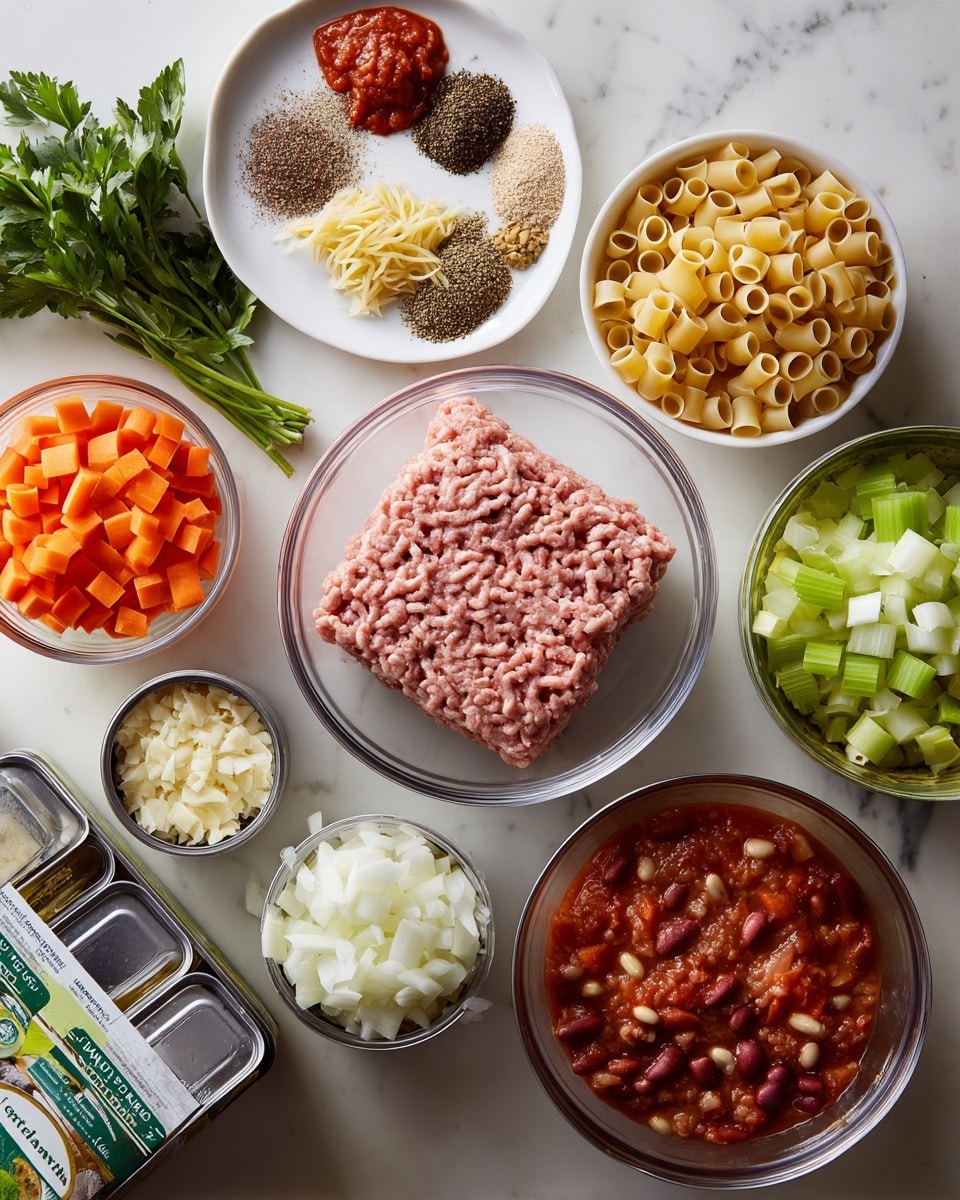 A white marbled surface holds several clear glass bowls and cans arranged neatly, showcasing ingredients for a hearty meal. In the center, a bowl contains a square block of raw ground meat with a reddish-pink color and a slightly coarse texture. Surrounding it are bowls with fresh, chopped vegetables: bright orange carrot pieces, pale green celery chunks, and white diced onions, each with a crisp texture. A smaller bowl holds finely chopped garlic, pale yellow in color. Another bowl is filled with small, dry pasta tubes, yellowish-beige in color. Above all these is a white plate with closely placed piles of various spices in brown, green, red, and black shades with granular to flaky textures. Fresh green parsley leaves lay beside these. In the foreground, there is a carton of organic chicken broth with green packaging, and four metal cans with labels showing kidney beans, great northern beans, diced tomatoes, and tomato sauce, with colors mostly in blues, reds, and yellows. photo taken with an iphone --ar 4:5 --v 7