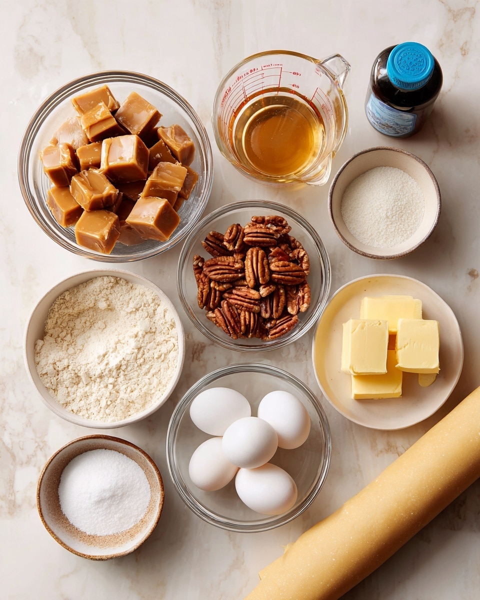 The image shows clear glass bowls and containers with ingredients laid out on a white marbled surface. There is one bowl filled with square caramel pieces, another bowl stacked with whole pecans, and a measuring cup holding a clear liquid placed in the center. Next to the measuring cup is a dark bottle with a blue label, and nearby is a small bowl with two square pieces of yellow butter. Below these items, there is a larger bowl with three white eggs, a bowl filled with white granulated sugar, and a smaller bowl with a small amount of white liquid. At the bottom of the image, there is a wrapped light beige rolled dough sheet. The scene is brightly lit with soft natural light, and everything is arranged neatly with clear visibility of each element. photo taken with an iphone --ar 4:5 --v 7