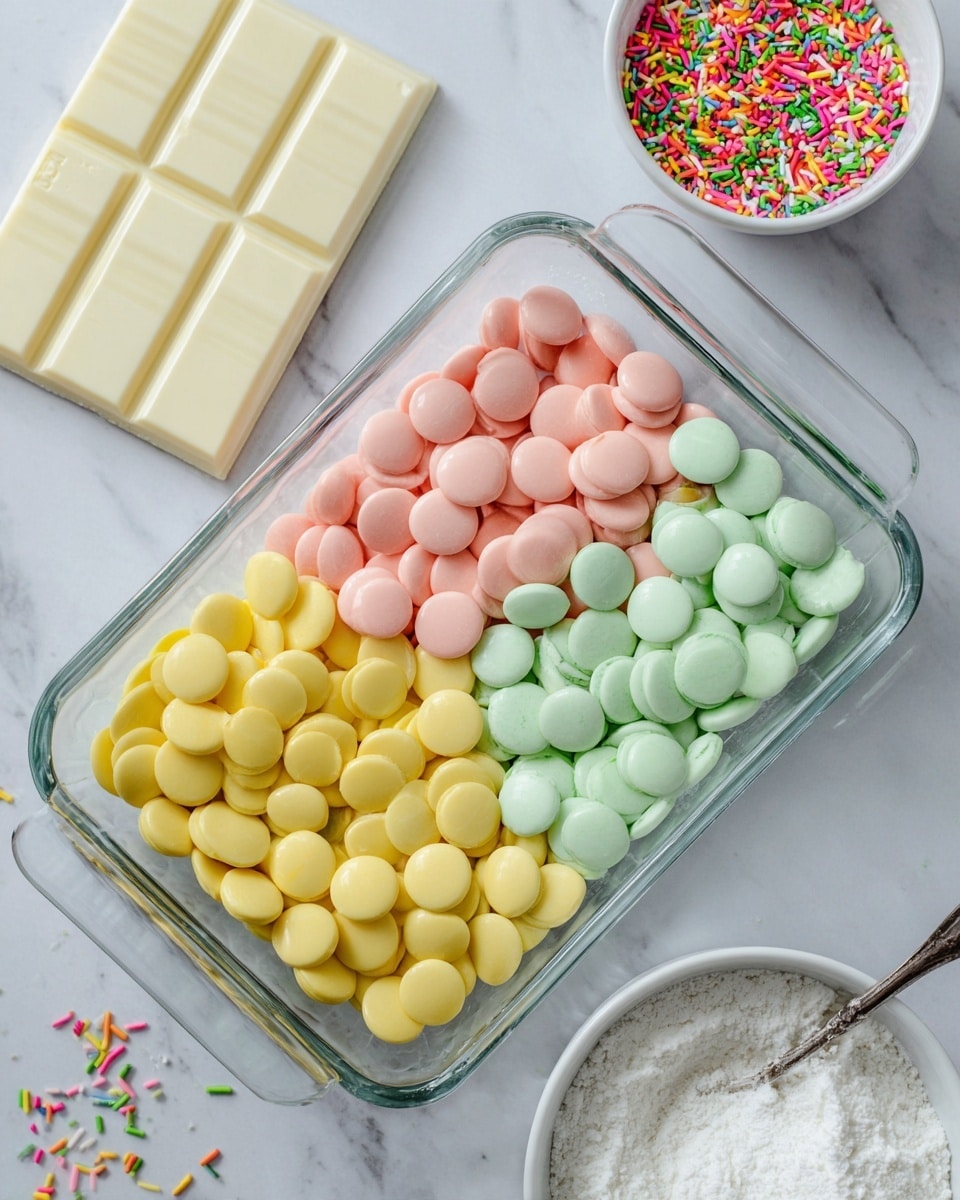 The image shows a clear glass baking dish on a white marbled surface, filled with three piles of round candy melts with smooth, shiny textures arranged side by side. The bottom left pile is bright yellow, the middle pile is soft pink, and the top right pile is a light green color with a slight powdery look. Next to the glass dish, there is a white chocolate bar with a smooth, divided surface, a small white bowl filled with colorful sprinkles, and a larger white bowl containing a white powdery ingredient, all set on the white marbled surface. Photo taken with an iphone --ar 4:5 --v 7