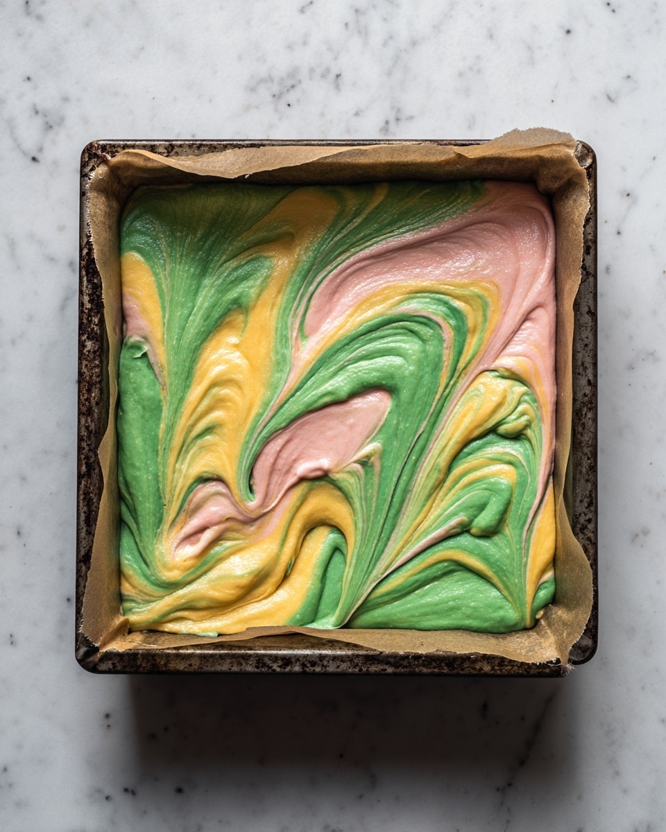 A square baking pan lined with brown parchment paper holds a colorful batter mixture spread unevenly inside. The batter shows three main swirling colors layered and mixed together: green, bright yellow, and light pink. The green dominates the edges and bottom part, while the yellow and pink swirl through the middle, creating a marbled effect with soft, creamy textures. The edges of the pan are dark and aged, and the background is a white marbled surface. Photo taken with an iphone --ar 4:5 --v 7
