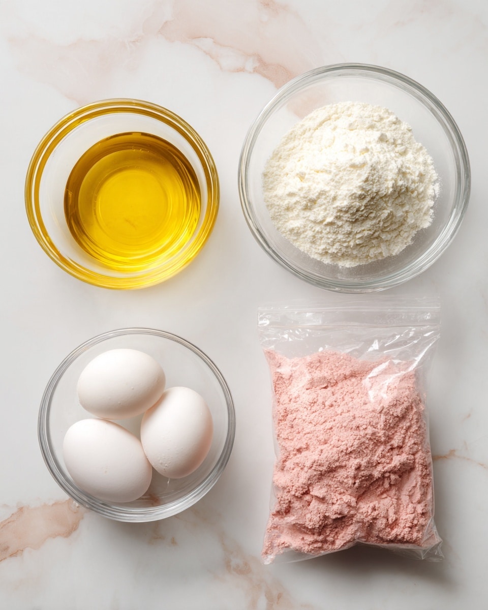 Four ingredients are shown on a white marbled surface. On the top left, a clear glass bowl holds a golden yellow liquid oil. On the top right, a clear glass bowl is filled with a mound of white powder. On the bottom left, a clear glass bowl contains two whole white eggs. On the bottom right, a clear plastic bag is filled with pink powder, lying flat on the surface. photo taken with an iphone --ar 4:5 --v 7