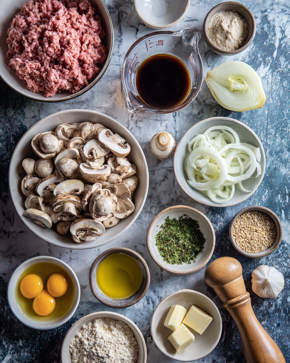 The image shows a top-down view of many small white and brown bowls arranged close together on a dark blue-grey background, each filled with different cooking ingredients. There is a large bowl on the left side filled with raw pink ground meat. Next to it, a white bowl holds many sliced light brown mushrooms. Above the mushrooms, a clear measuring cup contains dark brown liquid. To the right of the mushrooms, a white bowl has thin white onion slices with half an onion on top. Below the onions and scattered around are small bowls filled with olive oil, butter cubes, dark sauce, chopped green herbs, minced garlic, mustard, sliced garlic, grains, raw egg yolks, seasoning seeds, flour, and salt, with a wooden pepper mill near the center. The surface is changed to a white marbled texture. photo taken with an iphone --ar 4:5 --v 7