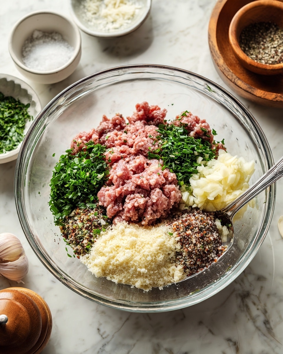 A clear glass bowl sits on a white marbled surface, filled with several layers of ingredients ready to be mixed. The base layer is ground meat, light pinkish-red in color, forming the main mass in the bowl. On top of the meat, there are small piles of chopped green herbs scattered evenly, adding a fresh dark green contrast. There are also several fluffy, pale yellow pieces of minced garlic and a rounded heap of coarse brown and black seasoning, possibly pepper and spices. Around the edges inside the bowl, finely grated pale yellow cheese or breadcrumbs are spread. A silver spoon holding more minced garlic rests inside the bowl toward the left side. Nearby on the marbled surface, there are small white ceramic bowls holding coarse salt and chopped herbs, and a wooden pepper grinder is partly visible at the bottom. Photo taken with an iphone --ar 4:5 --v 7