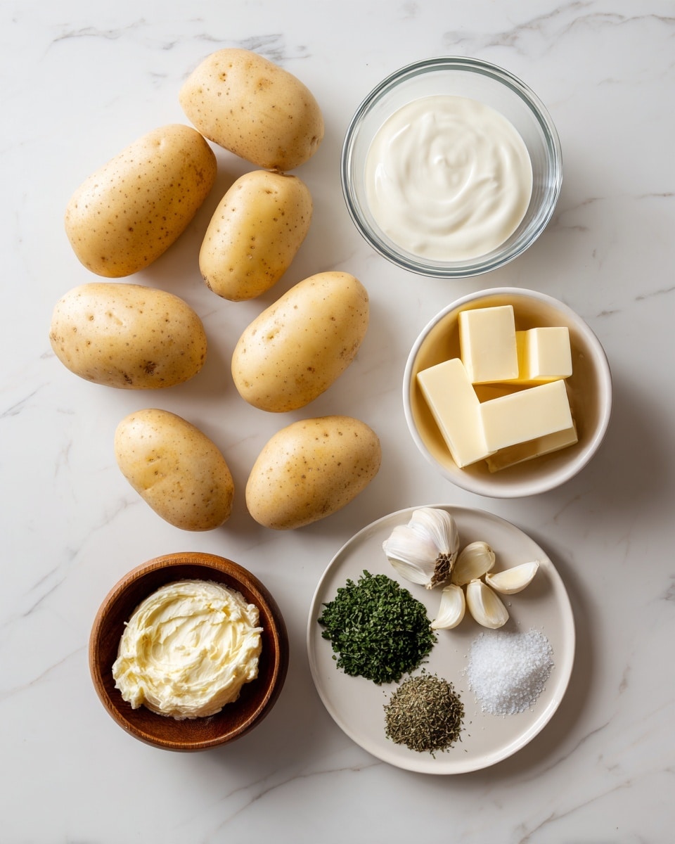 The image shows ingredients for a recipe arranged on a white marbled surface. There are eight light brown potatoes with smooth skin scattered on the top left and center. To the top right, there is a clear glass bowl filled with white cream. Next to it, on the right, is a small white bowl holding four rectangular pieces of pale yellow butter. At the bottom center, a wooden bowl contains a creamy white soft spread. On the bottom right, a white plate displays six separate piles: three types of dried green herbs arranged around three peeled garlic cloves in the middle, with black pepper and coarse white salt placed on the right side of the plate. Photo taken with an iphone --ar 4:5 --v 7