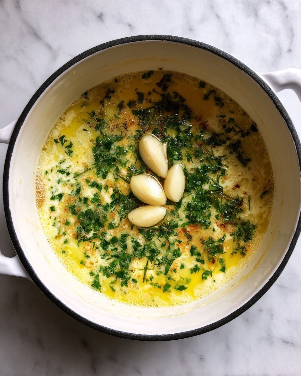 A white pot with a black rim contains three layers visible from above: the bottom layer is melted yellow butter, the middle layer is finely chopped green herbs spread evenly, and the top layer consists of three halves of light beige garlic cloves placed across the herbs. The pot is on a white marbled surface. photo taken with an iphone --ar 4:5 --v 7
