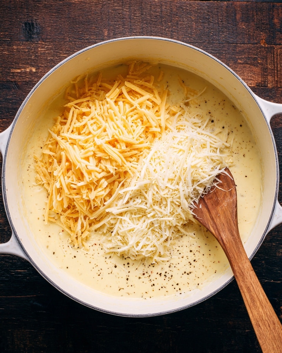 A large white pot filled with a thick creamy yellow sauce covering the bottom, topped with two piles of shredded cheese; the left pile is shredded cheddar cheese with a pale yellow color and the right pile is shredded parmesan cheese, which is a lighter off-white color. A wooden spoon with some creamy sauce on it rests on the right side of the pot, partly touching the parmesan cheese, and there are scattered specks of black pepper on the cheese and sauce. The pot is on a dark wooden surface. photo taken with an iphone --ar 4:5 --v 7