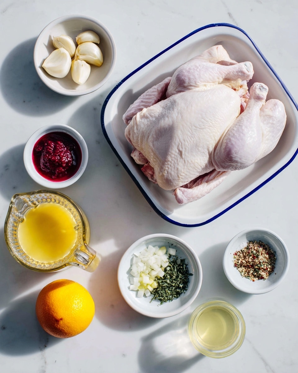 The image shows a whole raw chicken spread out flat on a white square dish with a blue rim, placed on a white marbled surface. Surrounding the chicken are several small white bowls: one with peeled garlic cloves, one with a deep red paste, one with oil, one with mixed green herbs, one with a mix of spices and salt, and one with chopped white onions. Also on the surface is a glass juicer holding half a squeezed orange, with another half orange beside it, and a small clear bowl with a light yellow liquid. The setup is clean and organized, with bright natural light. Photo taken with an iphone --ar 4:5 --v 7