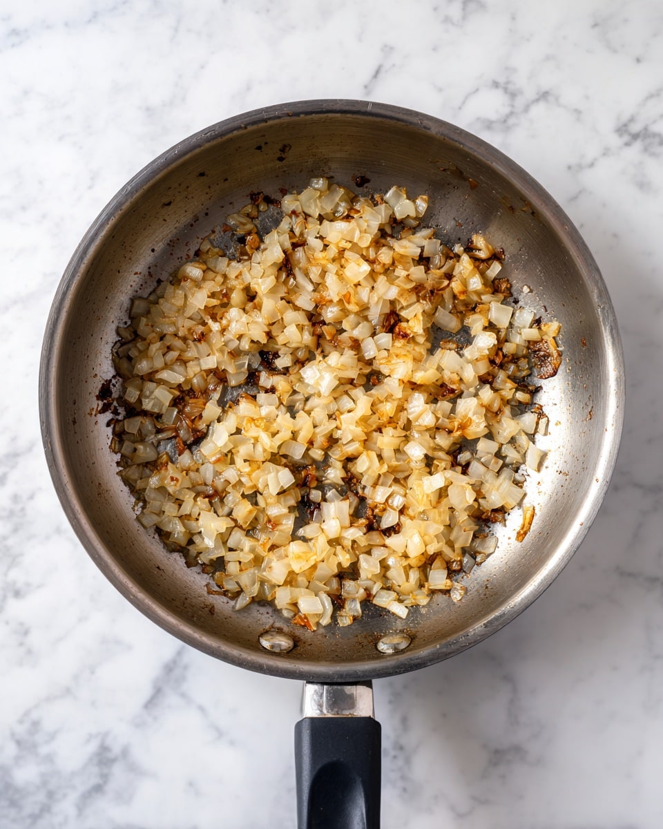 A metal saucepan with a black handle sits on a white marbled surface. Inside the pan, there is one layer of cooked onions, diced into small chunks, showing a mix of golden brown and translucent white colors. The onions have a slightly oily texture and are spread thinly at the bottom of the pan, some parts appearing caramelized with a darker brown hue. The pan’s interior reflects light softly, showing a clean but used cooking surface. Photo taken with an iphone --ar 4:5 --v 7
