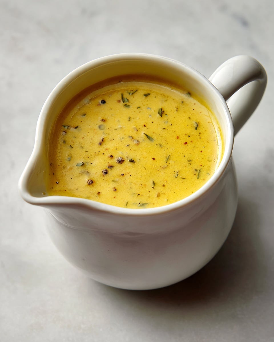 A small white ceramic pitcher filled with a yellow sauce that has visible small herbs and black pepper pieces floating in it. The sauce looks smooth with tiny bits spread evenly throughout. The pitcher has a wide spout and a handle on the right side, and it is placed on a white marbled surface. The lighting highlights the sauce’s slightly shiny texture, and the overall view is from above, focusing on the sauce inside the pitcher photo taken with an iphone --ar 4:5 --v 7