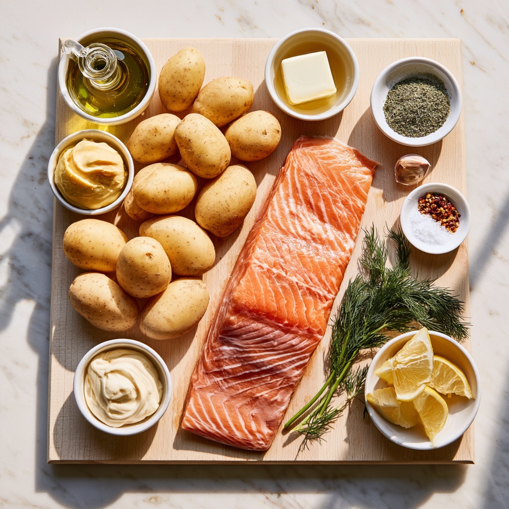 A silver baking tray filled with many small yellow potatoes, each one sliced in half, sits on a white marbled surface. The potatoes have a smooth texture with some shiny spots, and clear oil glistens around them on the tray. Above the tray, a clear measuring cup pours water over the potatoes, creating a wet sheen. In the background, there is a white bowl with some light-colored sauce or dip inside and a golden spoon resting beside it. Photo taken with an iphone --ar 4:5 --v 7