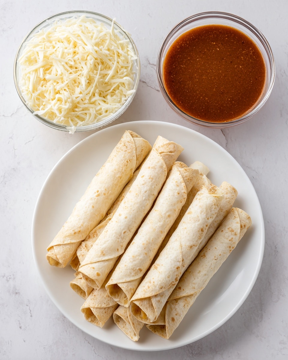 A white plate filled with several tightly rolled, light beige taquitos stacked neatly. Above the plate, there are two clear glass bowls on a white marbled surface; the left bowl holds a mix of shredded pale yellow and white cheese, showing a fibrous texture, while the bowl on the right contains a smooth, rich reddish-brown sauce. photo taken with an iphone --ar 4:5 --v 7