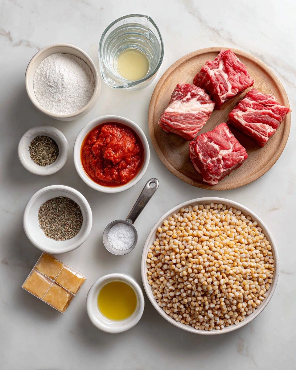 The image shows several ingredients arranged on a white marbled surface. There is a white bowl filled with cooked beige barley grains on the right side. Next to it, a wooden plate holds chunks of raw red meat with white marbling. Above the meat, a small clear glass bowl contains bright red tomato paste. There is a metal measuring cup with pale yellow liquid near the center, and a large clear glass measuring cup filled with water is placed at the top. Two white bowls hold dry ingredients: one has a white powder, likely flour, and the other is filled with coarse salt and black pepper. A small metal cup with olive oil sits near the lower middle, and two packages of broth or stock are partly visible in the bottom left corner. photo taken with an iphone --ar 4:5 --v 7
