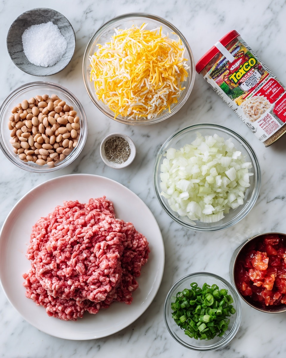 A top-down view of several cooking ingredients arranged neatly on a white marbled surface. In the center left, there is a white plate holding two thick layers of raw ground meat with a pinkish-red color and a soft texture. Surrounding this plate are small clear glass bowls: one at the bottom filled with light brown beans, one at the bottom right containing chopped white onions, one near the top right with green chopped scallions, and one at the top left piled high with shredded yellow and white cheese. Near the center top is a small gray bowl filled with fine white salt, and next to it a smaller clear bowl with coarse black pepper. Off to the right is a red and yellow packet of taco seasoning with a colorful label and beside it an open can filled with red diced tomatoes. photo taken with an iphone --ar 4:5 --v 7