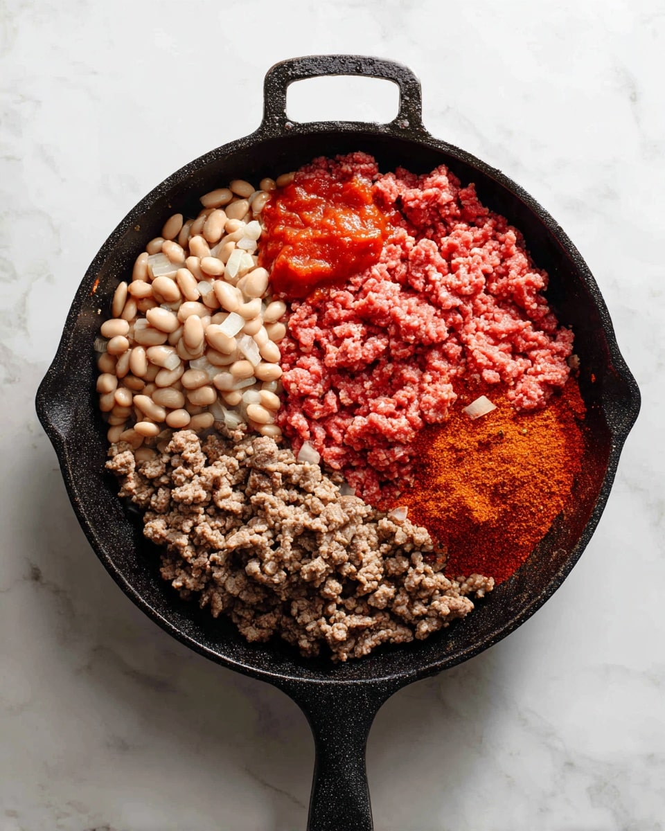 The image shows three stages of cooking in a black cast iron pan placed on a white marbled surface. In the first stage, there is fresh, red raw ground meat filling most of the pan with some small beige pieces of cooked onion underneath. In the second stage, the meat has turned brown and fully cooked, covering the bottom of the pan evenly with a crumbly texture. In the final stage, three new layers are added on top of the cooked meat: light brown beans on the left, bright red sauce or salsa in the middle, and a reddish-orange spice powder on the right side, all resting side by side but not mixed. Photo taken with an iphone --ar 4:5 --v 7