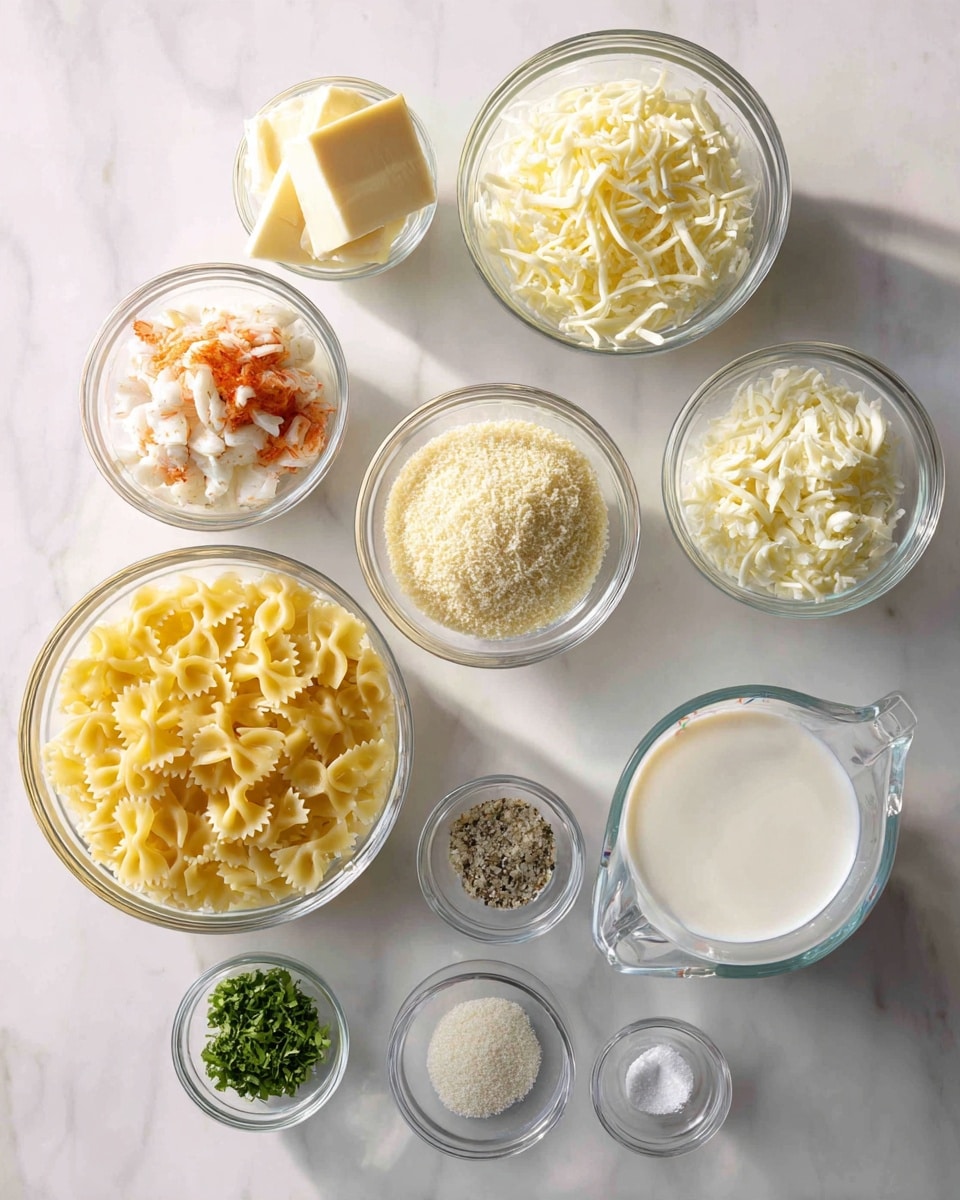 The image shows a white marbled surface with nine clear glass bowls and a glass measuring cup placed neatly. In the largest bowl at the bottom left, there are pale yellow bow-tie shaped pasta. To its right, a smaller bowl holds shredded white cheese. Above that, a medium bowl contains two rectangular pieces of pale yellow butter. Moving left to right in the top row, a bowl holds shredded white and red crab meat, another bowl is filled with light beige breadcrumbs, and a glass measuring cup is filled with white milk. In the center, smaller bowls hold finely chopped green herbs, minced garlic, a mix of salt and black pepper, and white powder, likely flour. Everything is arranged carefully and the lighting emphasizes natural shades and textures. Photo taken with an iphone --ar 4:5 --v 7