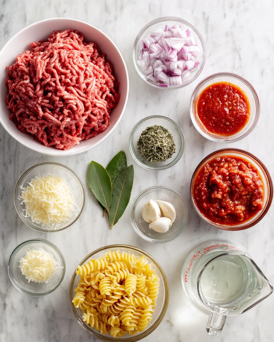 A flat lay of ingredients neatly arranged on a white marbled surface, showing nine clear glass bowls and one white bowl. The white bowl filled with raw, pink ground meat with visible strands is near the center left. Surrounding it clockwise: a glass bowl with diced purple and white onions, a glass bowl with a bright red textured sauce, a small glass bowl with grated pale yellow cheese, two small metal bowls with green herbs, a bay leaf next to them, a white bowl filled with yellow ridged pasta pieces, a small glass bowl with pale minced garlic, and a clear glass measuring cup with water. Another glass bowl contains a chunky red mixture with small chopped vegetables. Photo taken with an iphone --ar 4:5 --v 7
