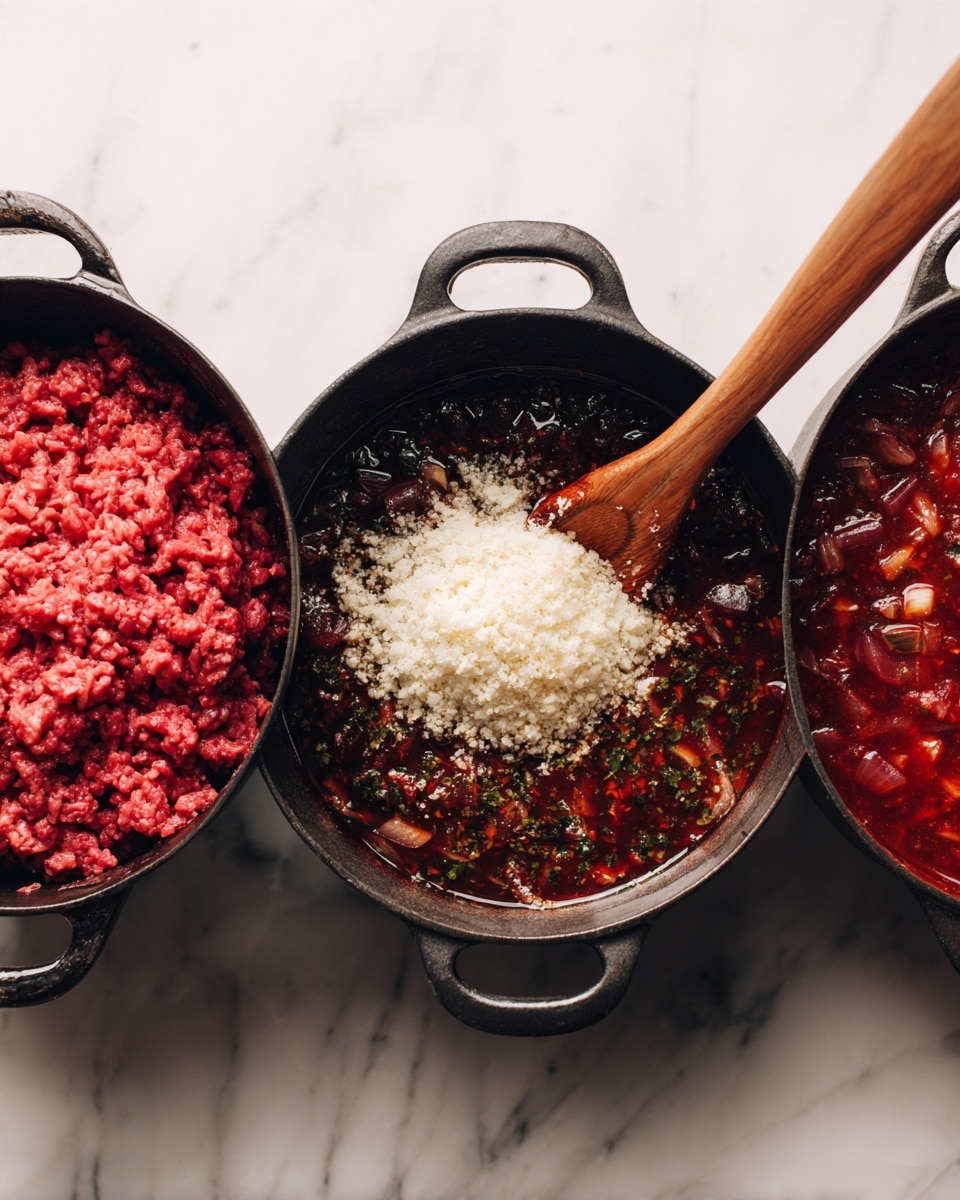 The image shows three black cast iron pots placed side by side on a white marbled surface. The first pot contains raw ground beef mixed with chopped onions, the beef layer is deep red with fine texture spread evenly across the pot. The second pot is filled with dark red stew or sauce with visible herbs and small vegetables, and a wooden spoon is resting in the pot as if stirring the mixture, creating a shiny and slightly oily surface. The third pot holds the same red stew or sauce base, but now topped with a mound of grated white cheese in the center, contrasting with the darker sauce underneath. Photo taken with an iphone --ar 4:5 --v 7