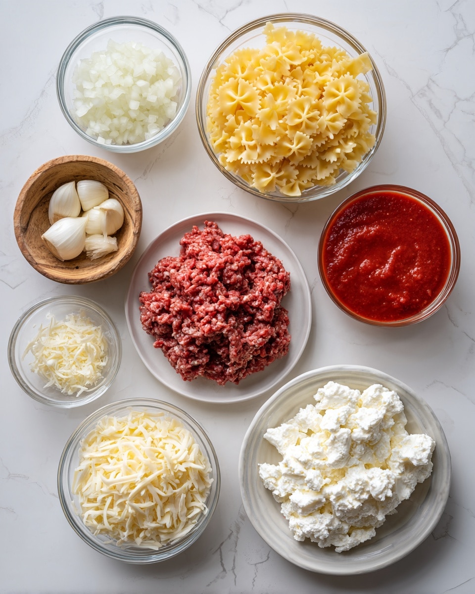 The image shows seven bowls on a white marbled surface, each with different ingredients. Starting from the top left, there is a small glass bowl with finely chopped white onions. Below it is a wooden bowl containing light yellow grated cheese. Next to the onions, in the center, is a clear glass bowl filled with uncooked yellow bowtie pasta. To the right of the pasta, a white plate holds a mound of raw ground red meat. Below the meat, there is a small glass bowl with finely chopped garlic. Below and to the left of the garlic is a clear glass bowl with bright red tomato sauce. Next to the sauce, in the bottom center, a clear glass bowl holds white cottage cheese. At the bottom left, a white bowl contains shredded off-white cheese. The bowls are arranged loosely with clear space between them. photo taken with an iphone --ar 4:5 --v 7